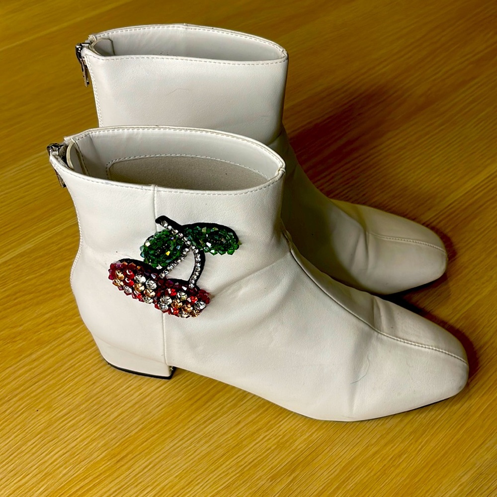 Betsey Johnson white ankle boots with cherries